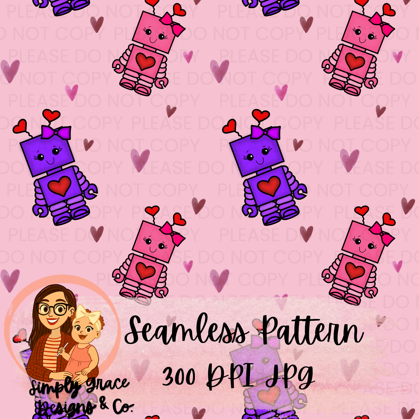 Valentines Girly Robot Seamless Pattern