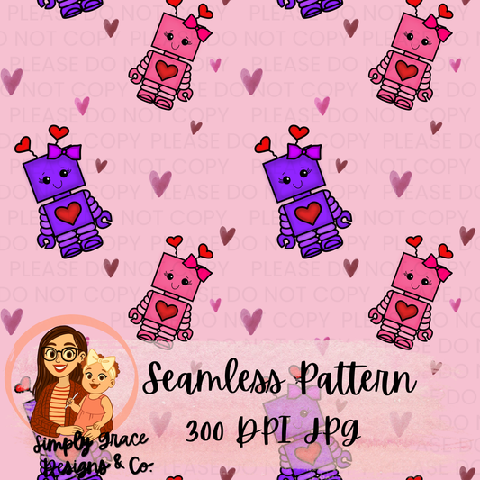 Valentines Girly Robot Seamless Pattern