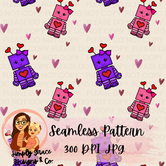 Valentines Girly Robot Seamless Pattern