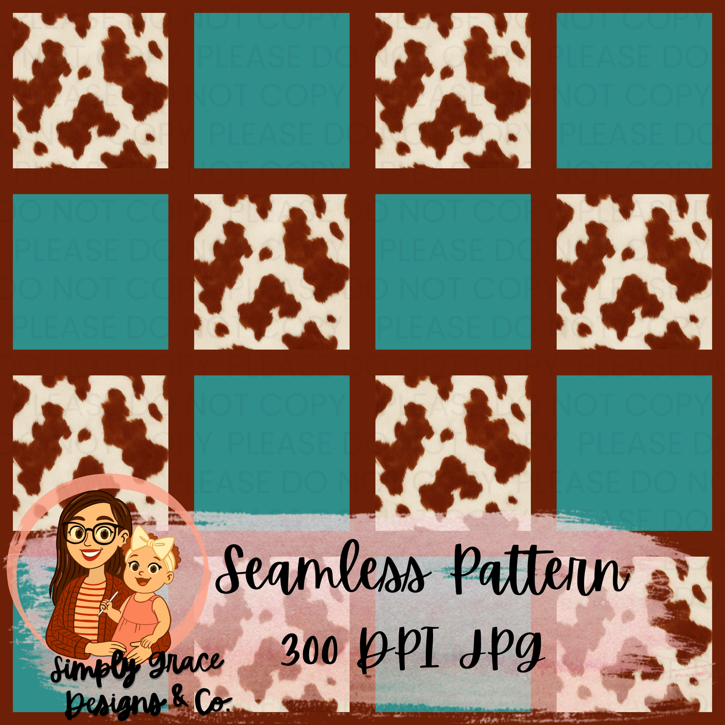 Checkered Brown Cow Print Seamless Pattern
